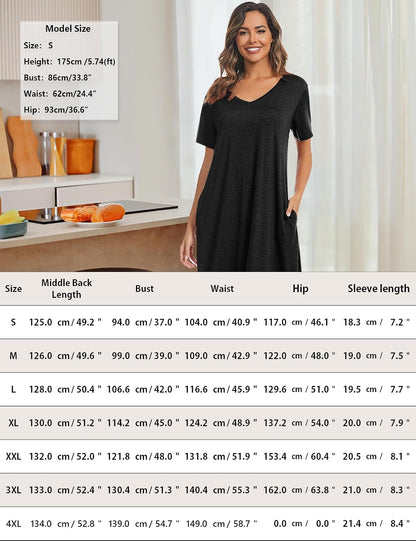 Marvmys Women Short Sleeve Nightgown Cotton Long Nightshirts with Pocket