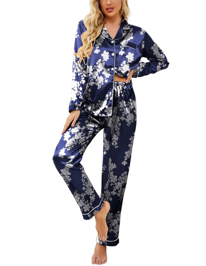 Ekouaer Women's Classic Button Down Long Satin Silk Pajama Set
