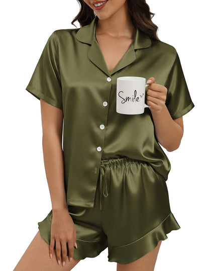 Silk Pajamas for Women Button Down 2 Piece Satin Pjs Shorts Set Ruffle Notch Collar Sleepwear Loungewear