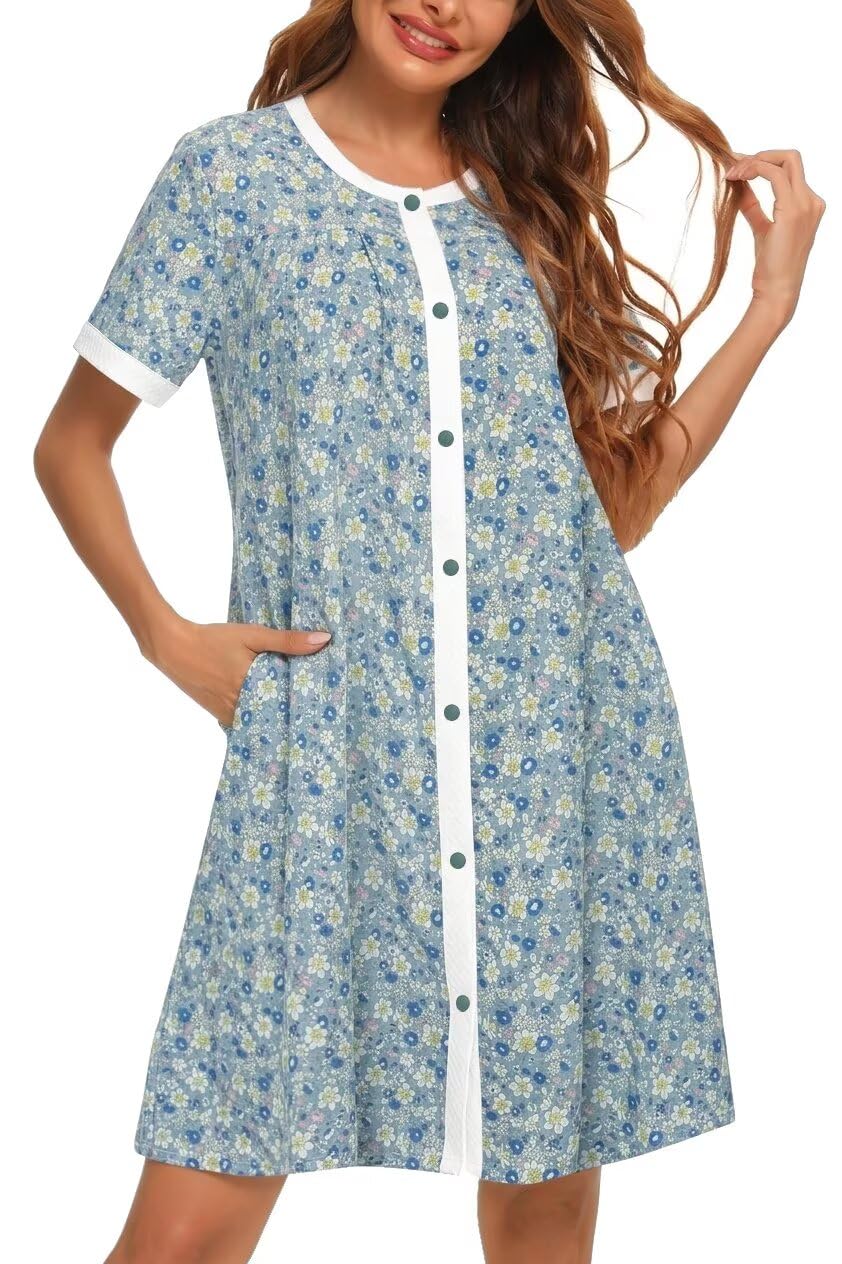 YOZLY House Dress for Women Short Sleeve House Coats Dusters Robe Moomoo nightgowns with Pockets