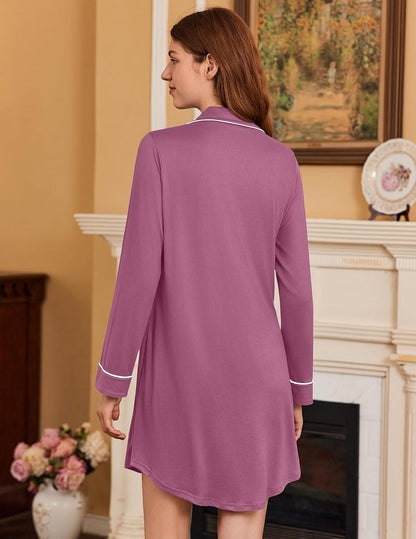 Ekouaer Nightgowns for Women Long Sleeve Night Gown Button Pajama Dress