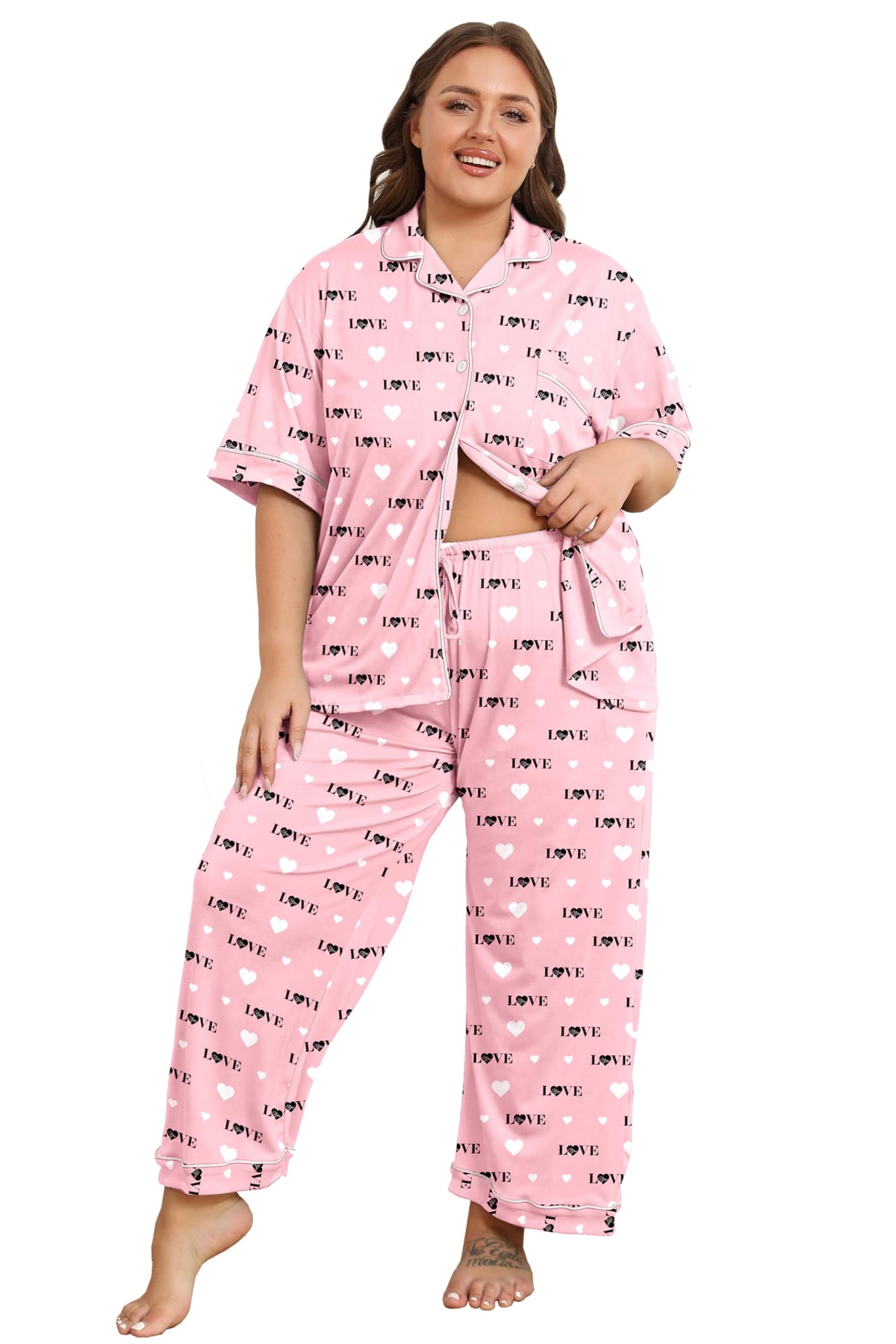 Vozanet Women's Plus Size Pajamas Button Down Shirt and Pants Soft Lounge Sets Bride Nighty Bottom with Pockets 1x to 5x