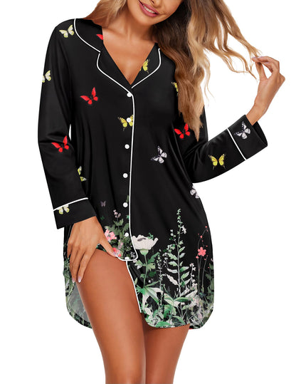 Ekouaer Womens Nightgown Long Sleeve Nightshirt Soft Button Down Sleepshirt