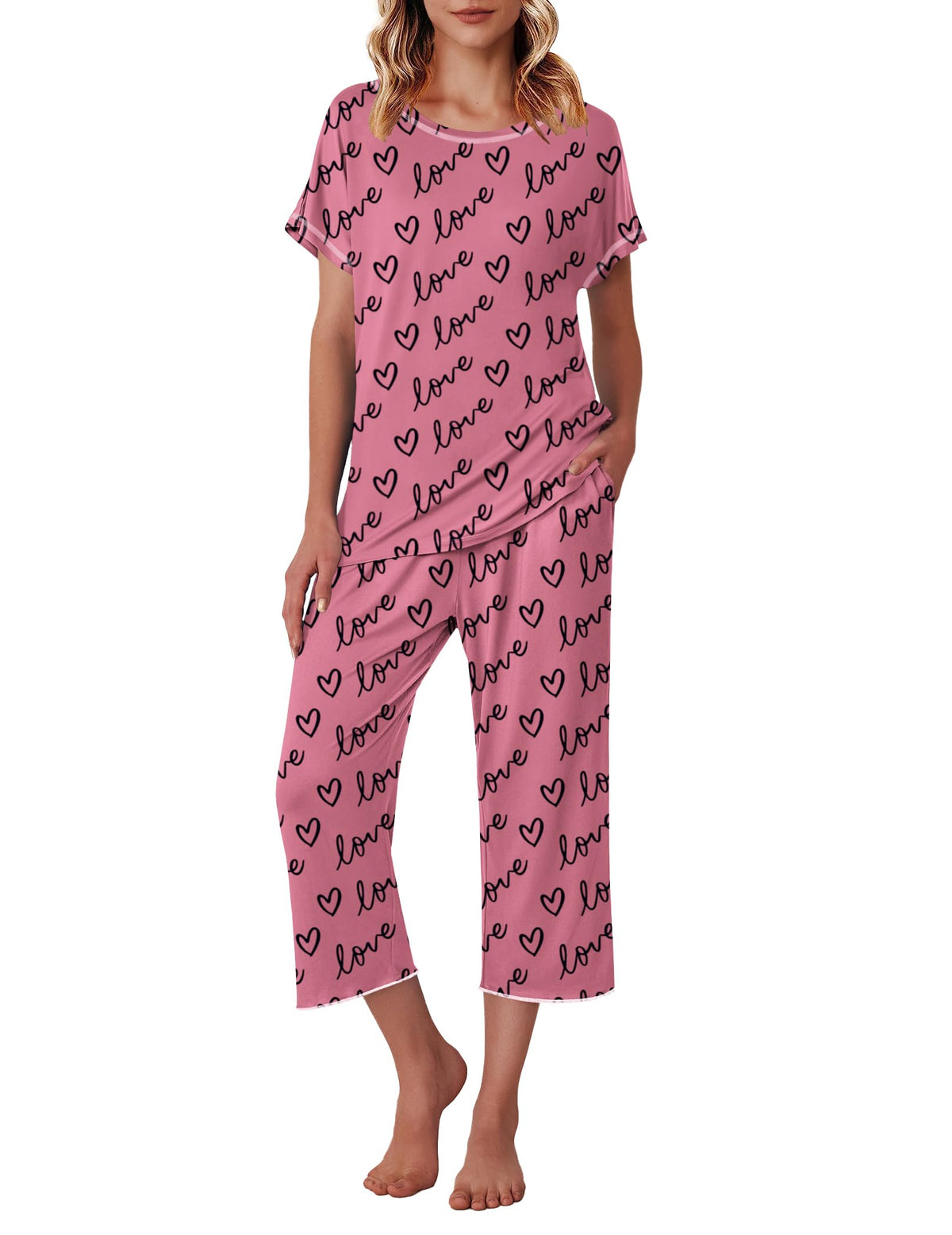 Ekouaer Womens Capri Pajama Sets Print Short Sleeve Sleepwear Top and Pants