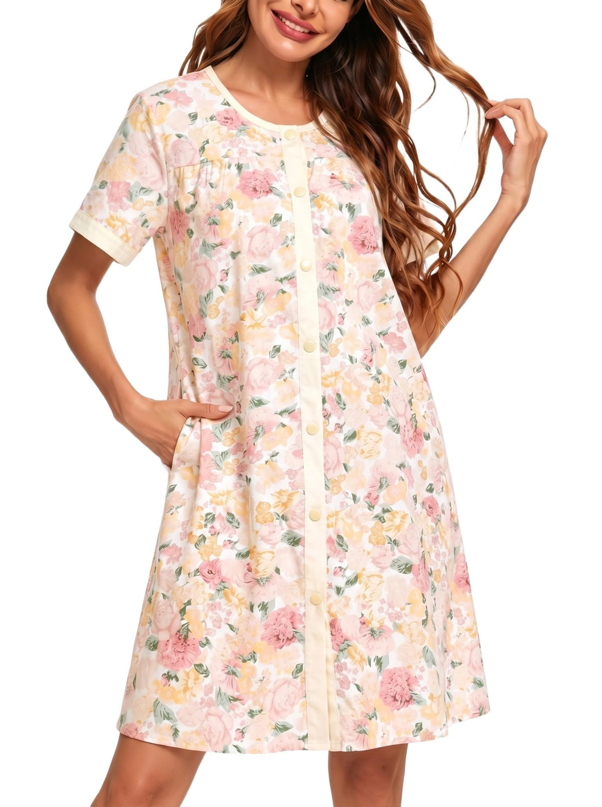 YOZLY House Dress for Women Short Sleeve House Coats Dusters Robe Moomoo nightgowns with Pockets