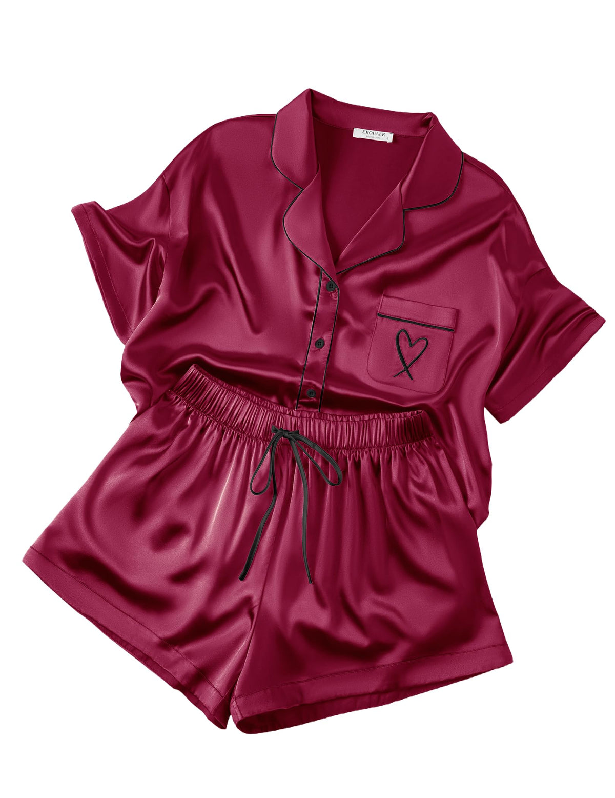 Ekouaer Womens Silk Satin Pajama Set, 2 Piece Heart Embroidery Short Sleeve Button Down Pjs Set for Bridal Party