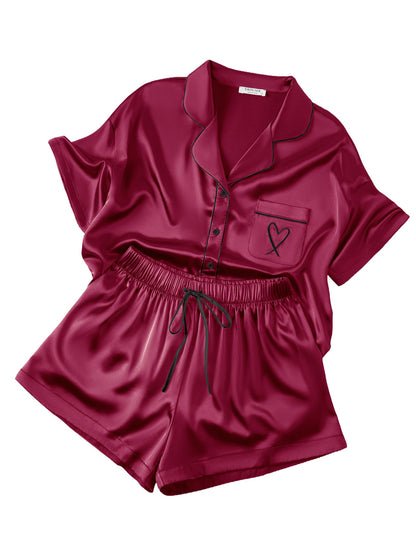 Ekouaer Womens Silk Satin Pajama Set, 2 Piece Heart Embroidery Short Sleeve Button Down Pjs Set for Bridal Party