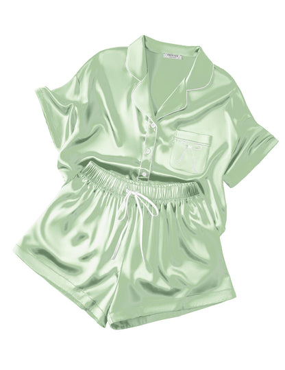 Ekouaer Womens Silk Satin Pajama Set, 2 Piece Heart Embroidery Short Sleeve Button Down Pjs Set for Bridal Party