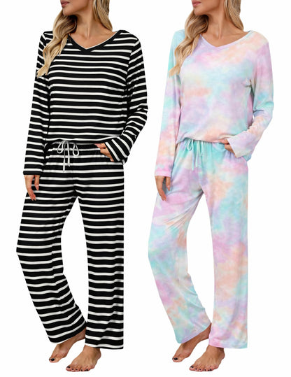 Ekouaer Women's 2 Pack Long Sleeve Pajama Sets V Neck Lounge Sets