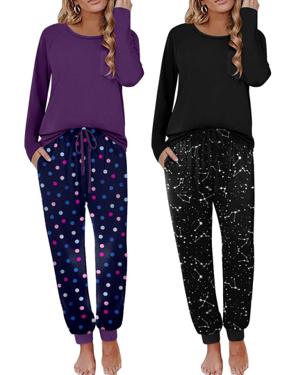 Ekouaer 2 Pack Womens Pajama Sets Long Sleeve Pjs Soft Comfy Lounge Set
