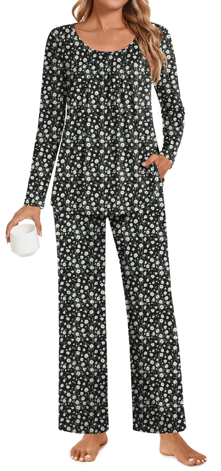 POPYOUNG Womens Pajama Set 2 Pieces Fall Pjs Comfy Sleepwear with Pockets