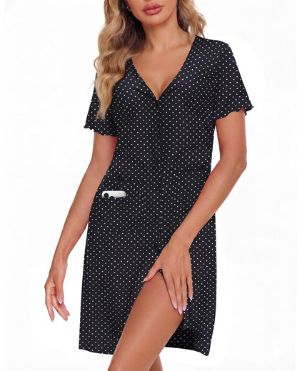 ZOOSIXX Nightgowns for Women - Short Sleeve Sleepwear Button Up Pajamas for Women V-Neck Sleepwear Dress with Pockets