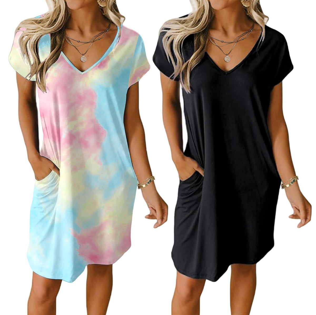 Ekouaer Womens 2 Pack Nightgown with Pockets Short Sleeve Night Shirts