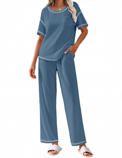 Ekouaer 2 Piece Summer Waffle Knit Lounge Sets For Women Short Sleeve Top and Long Pant Pajama Set Loungewear Pjs Set