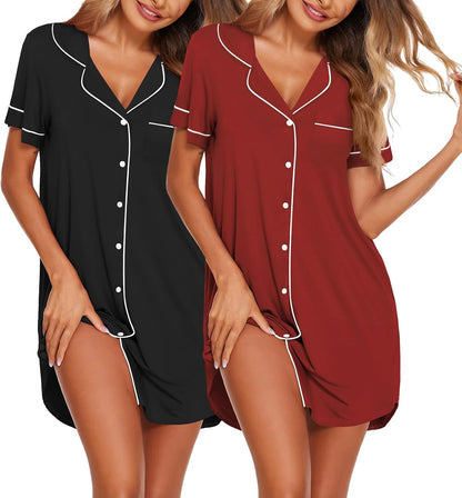 Ekouaer Nightgowns for Women 2 Pack Button Down Sleepwear Soft Sleepshirts