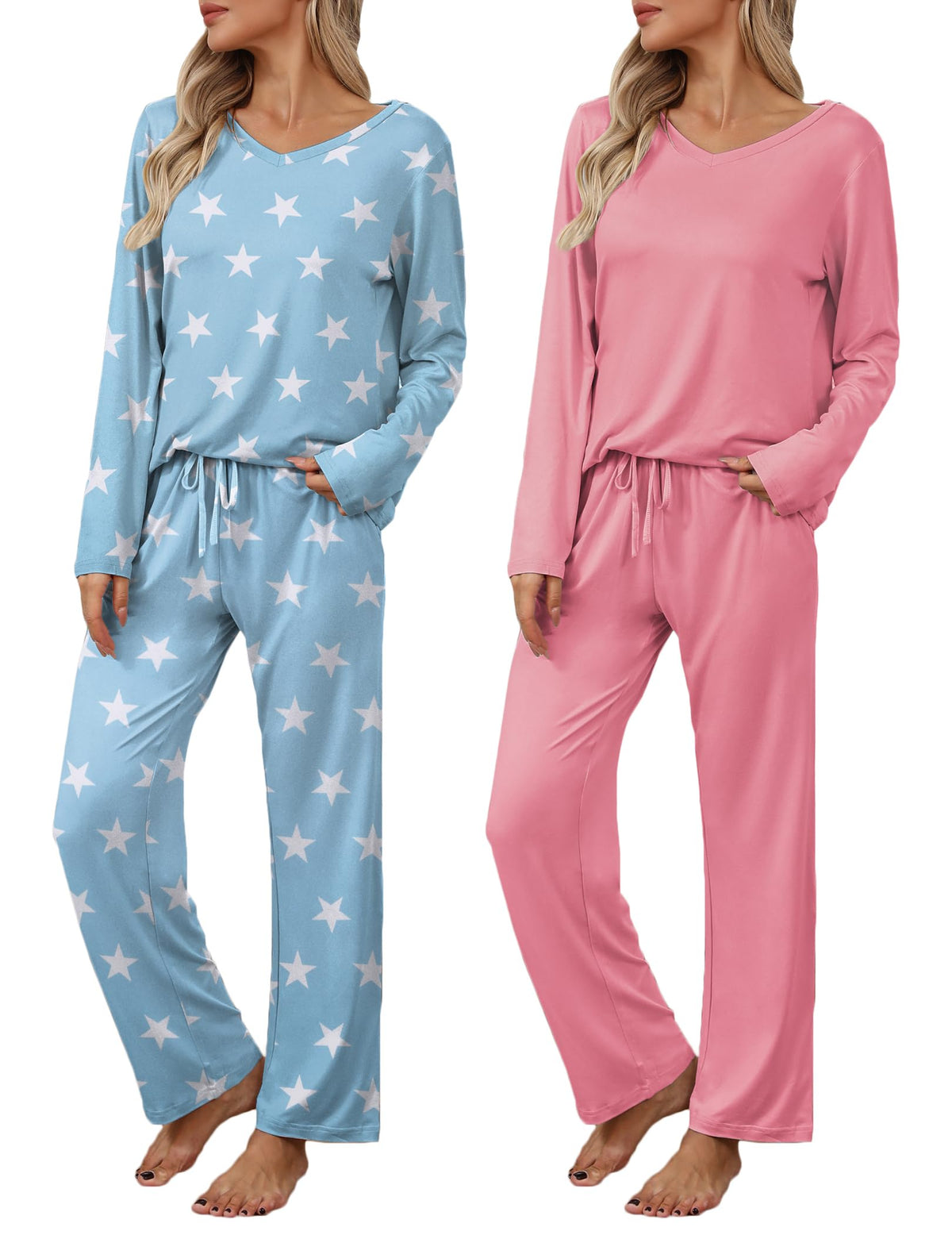 Ekouaer Women's 2 Pack Long Sleeve Pajama Sets V Neck Lounge Sets