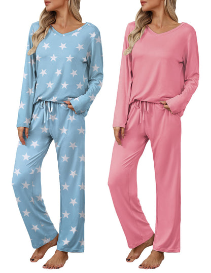 Ekouaer Women's 2 Pack Long Sleeve Pajama Sets V Neck Lounge Sets