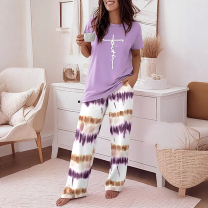 CHICME Women's 2 Piece Sets Round Neck Short Sleeve Top & Ombre Print Loose Pants Matching Pajamas Sets