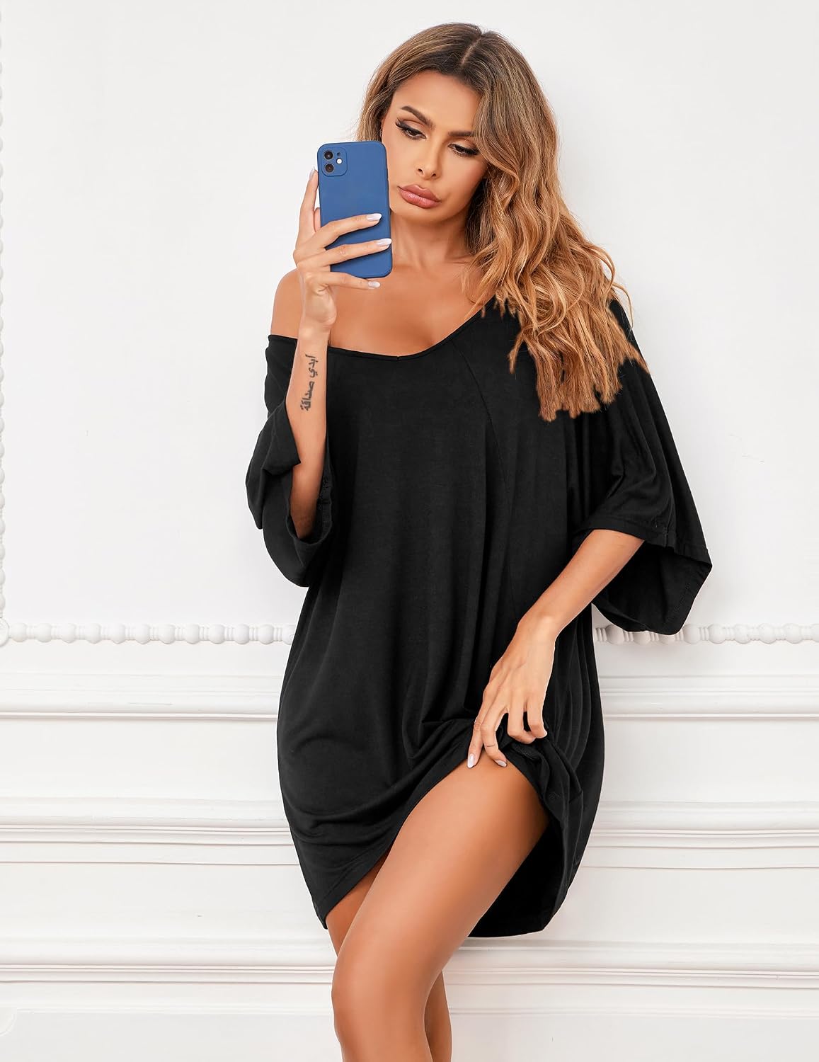 Ekouaer Nightgowns for Women Deep V Neck Sleep Shirt Oversized Night Shirt