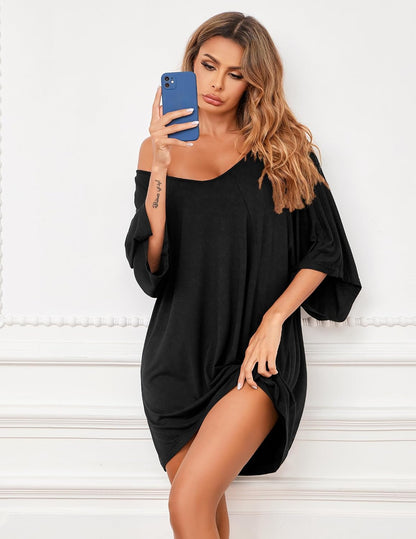 Ekouaer Nightgowns for Women Deep V Neck Sleep Shirt Oversized Night Shirt
