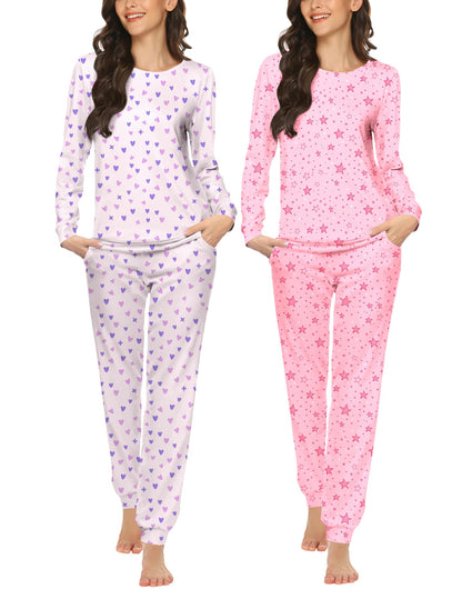 Ekouaer 2 Pack Pajama Sets for Women,Long Sleeve Top Jogger Pant Loungewear
