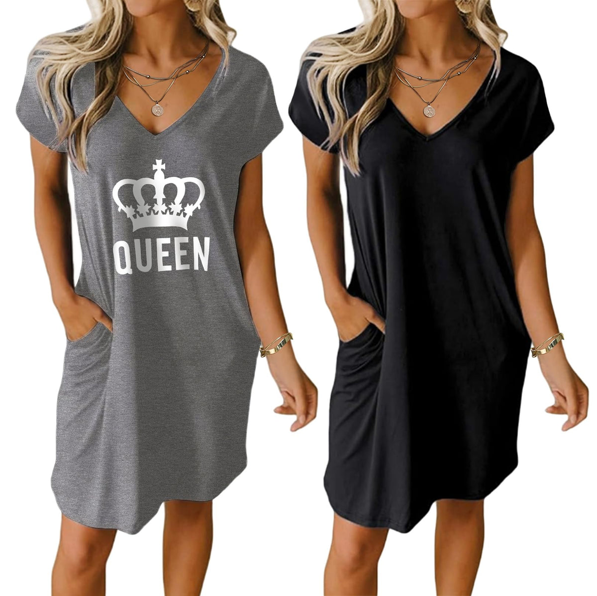 Ekouaer Womens 2 Pack Nightgown with Pockets Short Sleeve Night Shirts