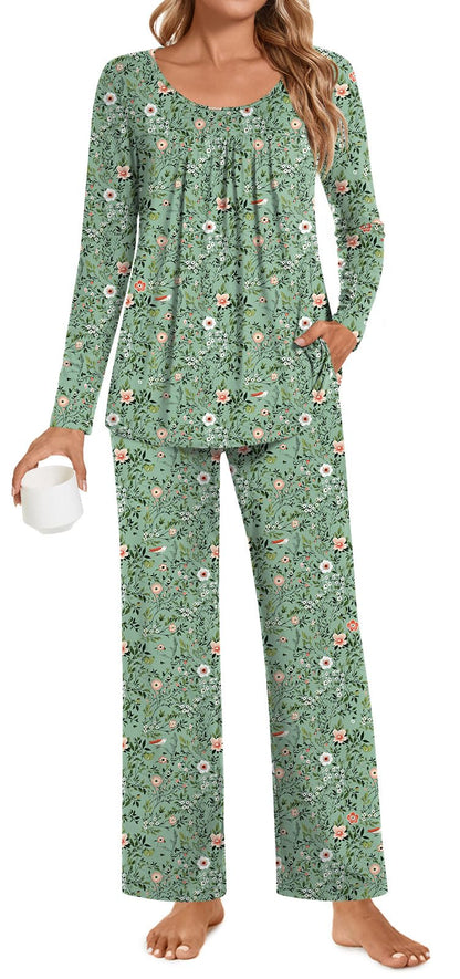 POPYOUNG Womens Pajama Set 2 Pieces Fall Pjs Comfy Sleepwear with Pockets
