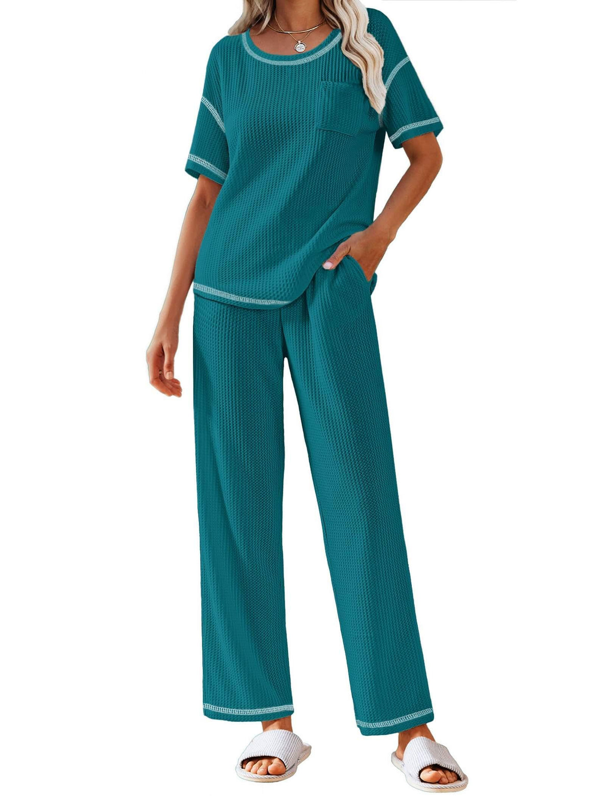 Ekouaer 2 Piece Summer Waffle Knit Lounge Sets For Women Short Sleeve Top and Long Pant Pajama Set Loungewear Pjs Set
