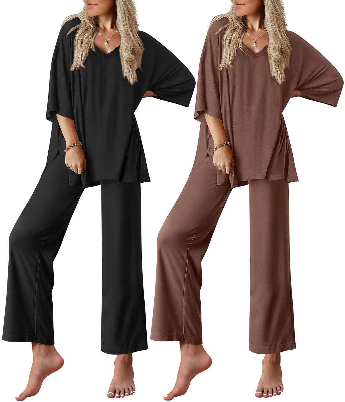 Ekouaer 2 Packs Lounge Set for Women Short Sleeve Pajamas Top and Long Pant
