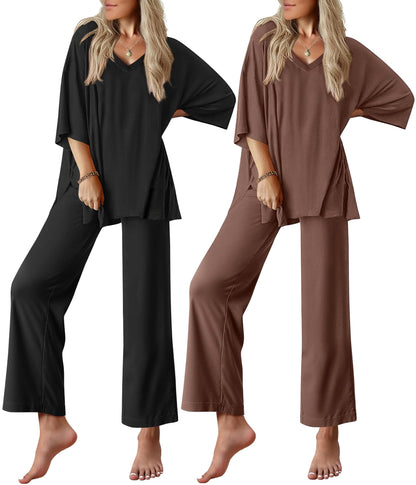 Ekouaer 2 Packs Lounge Set for Women Short Sleeve Pajamas Top and Long Pant
