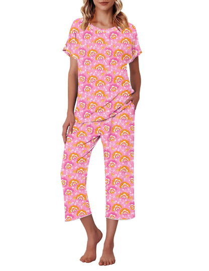Ekouaer Womens Capri Pajama Sets Print Short Sleeve Sleepwear Top and Pants