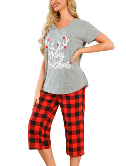 ENJOYNIGHT Womens Pajama Set Cotton Short Sleeve Top With Capri Pants Pj