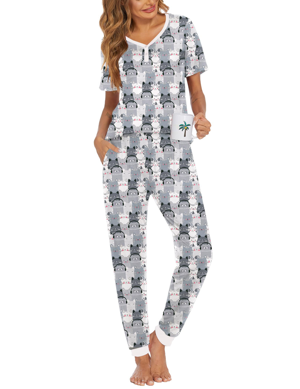 Ekouaer Pajamas for Women Set 2 Piece Short Sleeve Fall Pjs with Pockets
