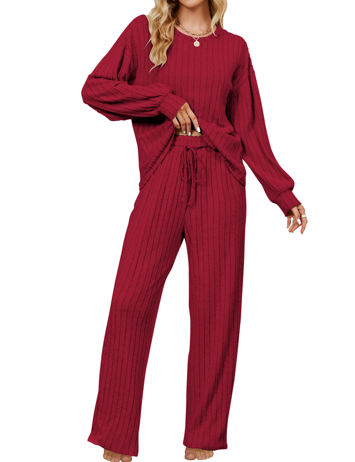 Blooming Jelly Women Ribbed Long Sleeve Pajama Sets Fall Loungewear Pockets