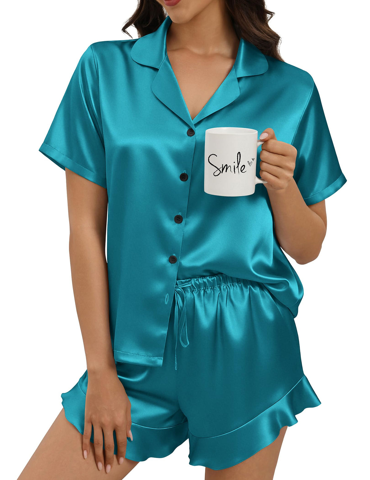 Silk Pajamas for Women Button Down 2 Piece Satin Pjs Shorts Set Ruffle Notch Collar Sleepwear Loungewear