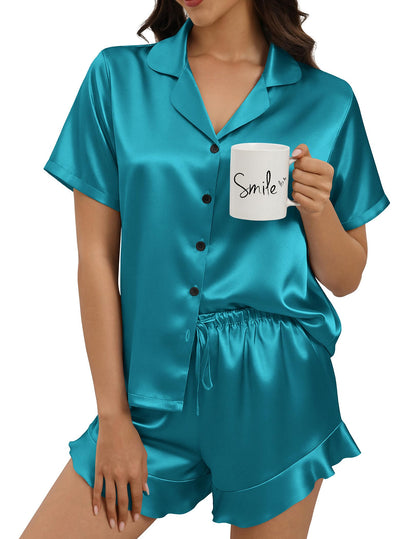 Silk Pajamas for Women Button Down 2 Piece Satin Pjs Shorts Set Ruffle Notch Collar Sleepwear Loungewear