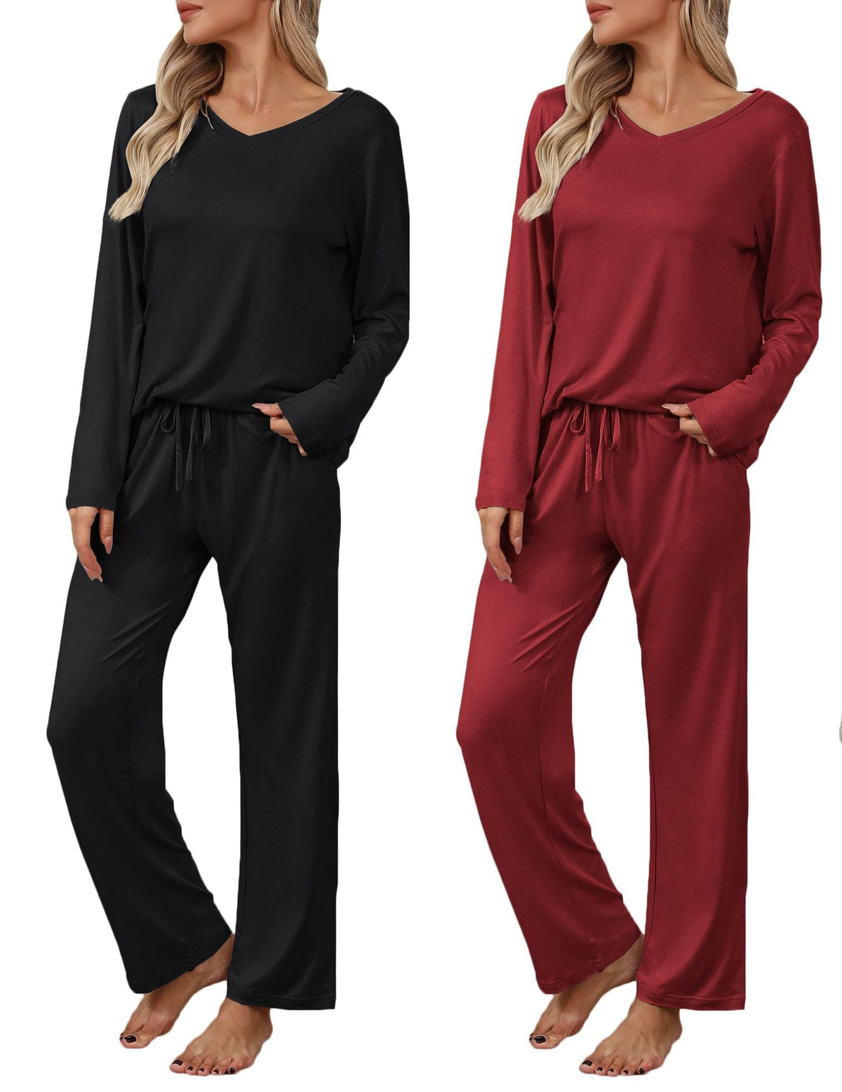 Ekouaer Women's 2 Pack Long Sleeve Pajama Sets V Neck Lounge Sets