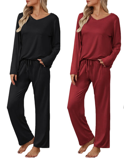 Ekouaer Women's 2 Pack Long Sleeve Pajama Sets V Neck Lounge Sets