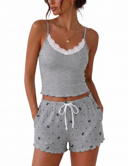 Ekouaer Womens Lace Cami Pajama Lingerie Sets 2 Piece Shorts with Pockets