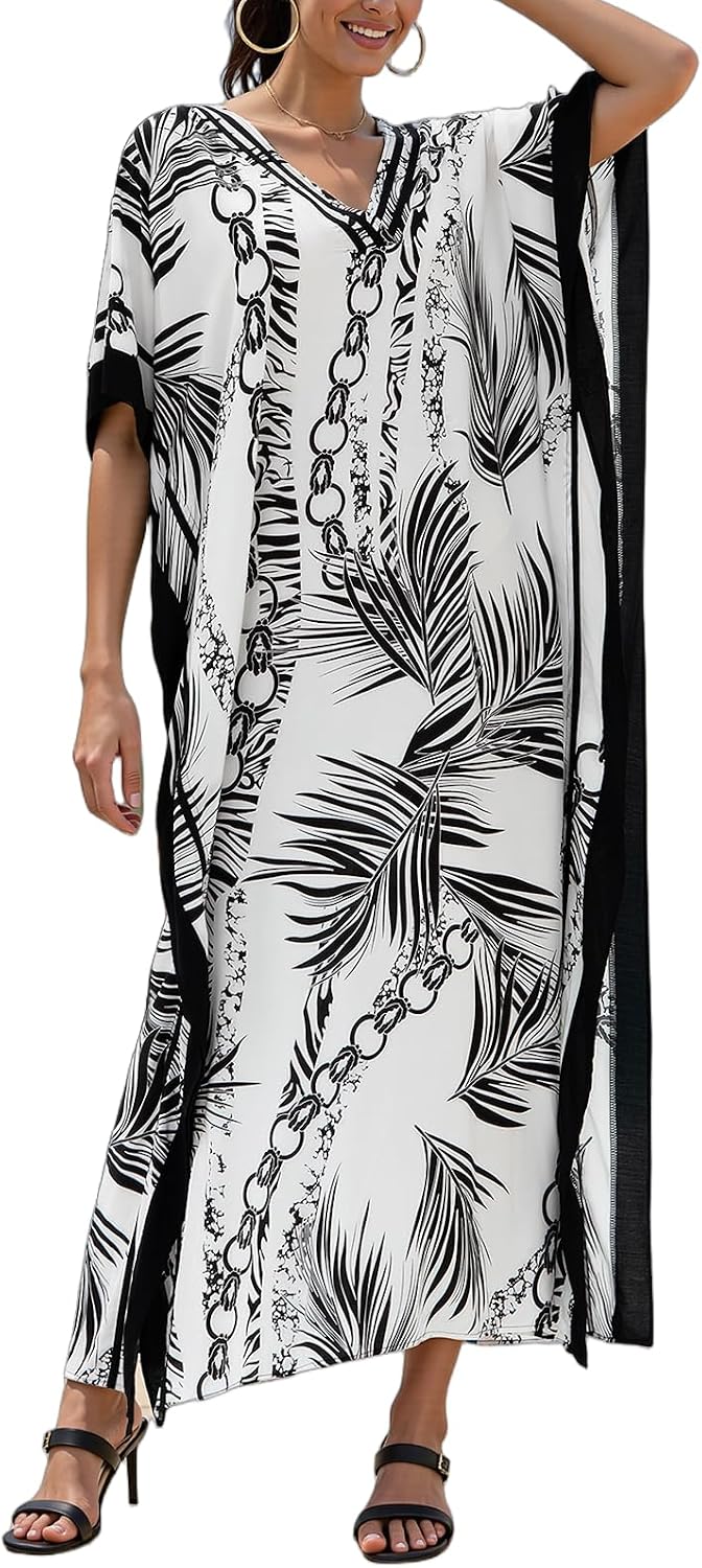 NFVNKJ Plus Size Mumu Dresses for Women - Boho Batwing Sleeve Caftan with Side Slits, Long Moo Moo Nightgown & Beach Cover Up