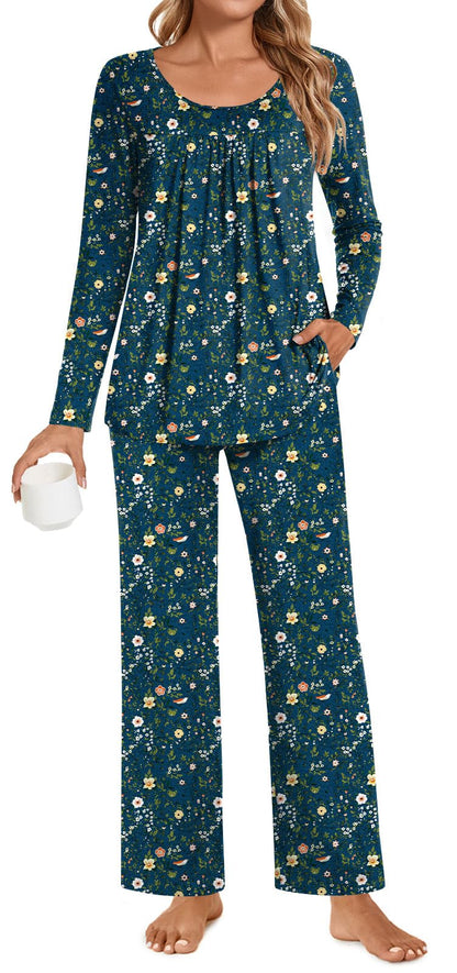 POPYOUNG Womens Pajama Set 2 Pieces Fall Pjs Comfy Sleepwear with Pockets