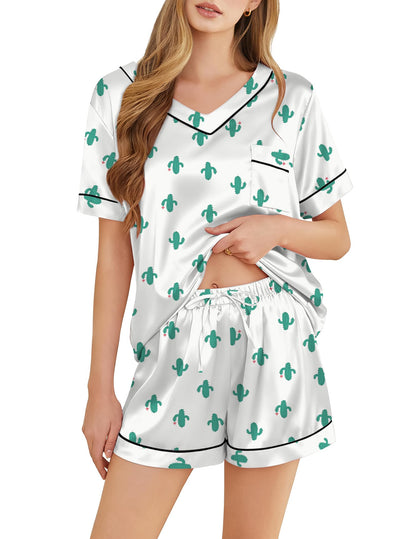 Silk Pajamas for Women Short Sleeve Satin 2 Piece Pj Set Soft V Neck Sleepwear Loungewear, S-XXL