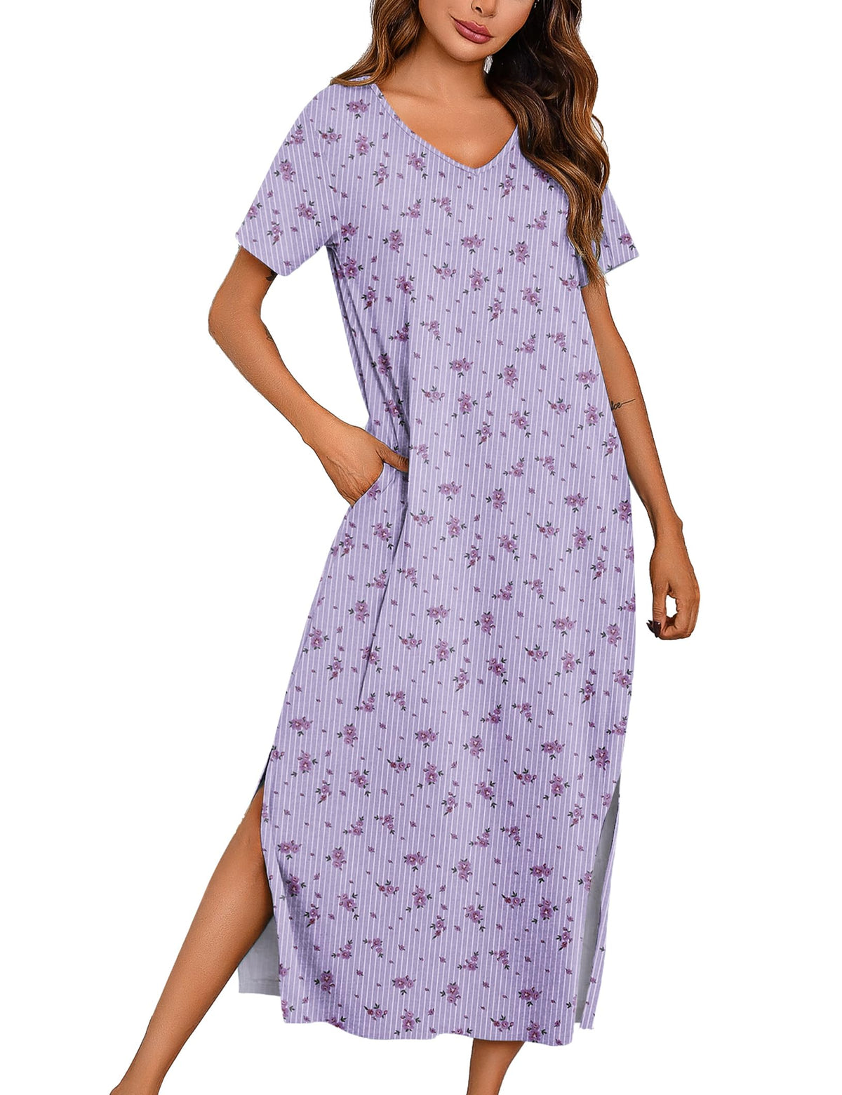 Marvmys Women Short Sleeve Nightgown Cotton Long Nightshirts with Pocket