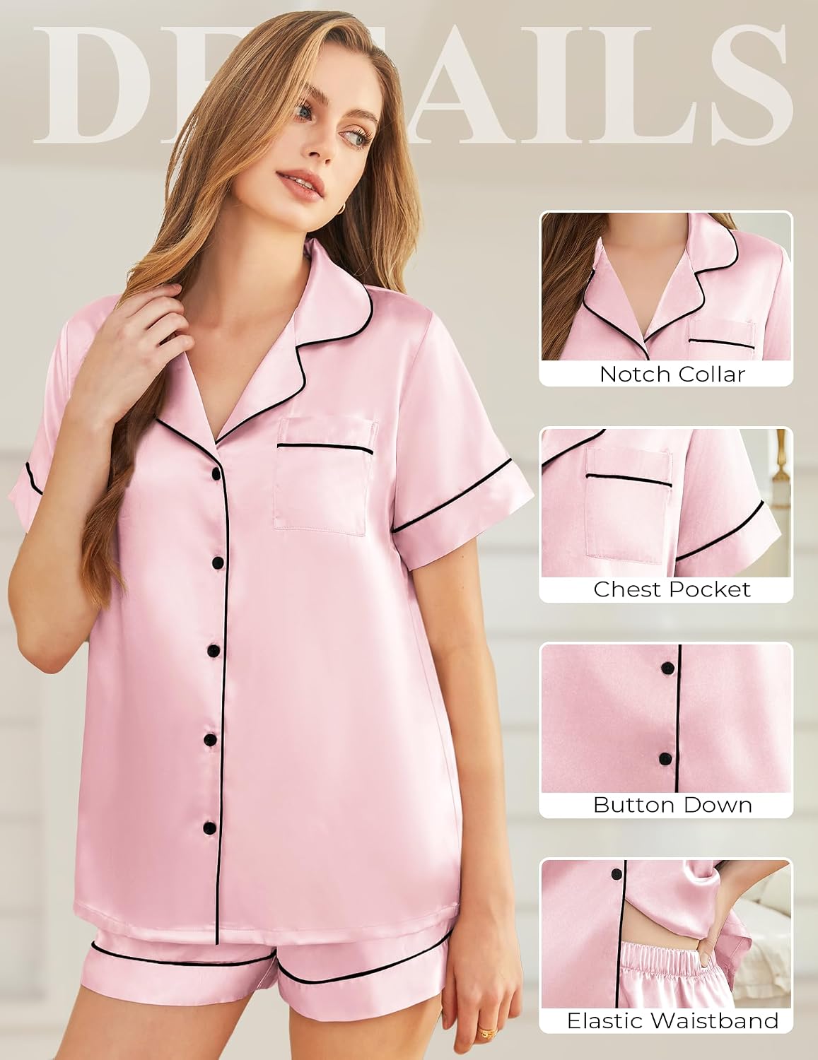 Silk Pajamas for Women Short Sleeve Sleepwear Soft Button Down Loungewear 2 Piece Satin Pjs Shorts Set S-XXL
