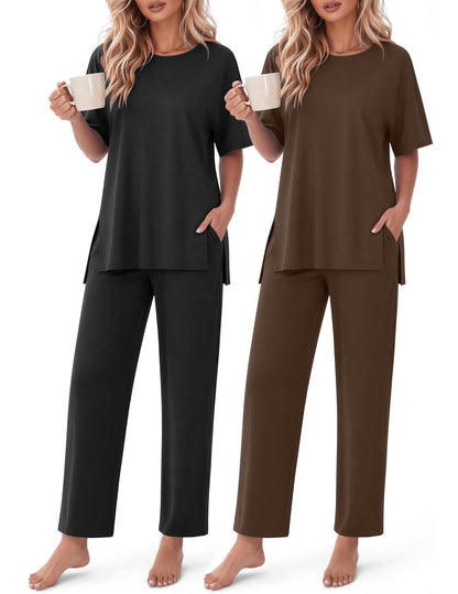 Ekouaer Women's Lounge Sets Short Sleeve Top Long Pants 2 Piece Outfit Set