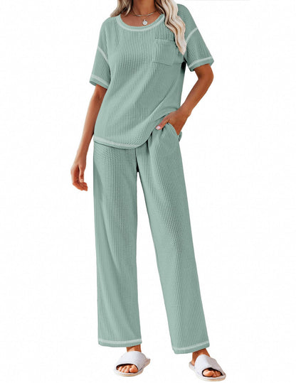 Ekouaer 2 Piece Summer Waffle Knit Lounge Sets For Women Short Sleeve Top and Long Pant Pajama Set Loungewear Pjs Set