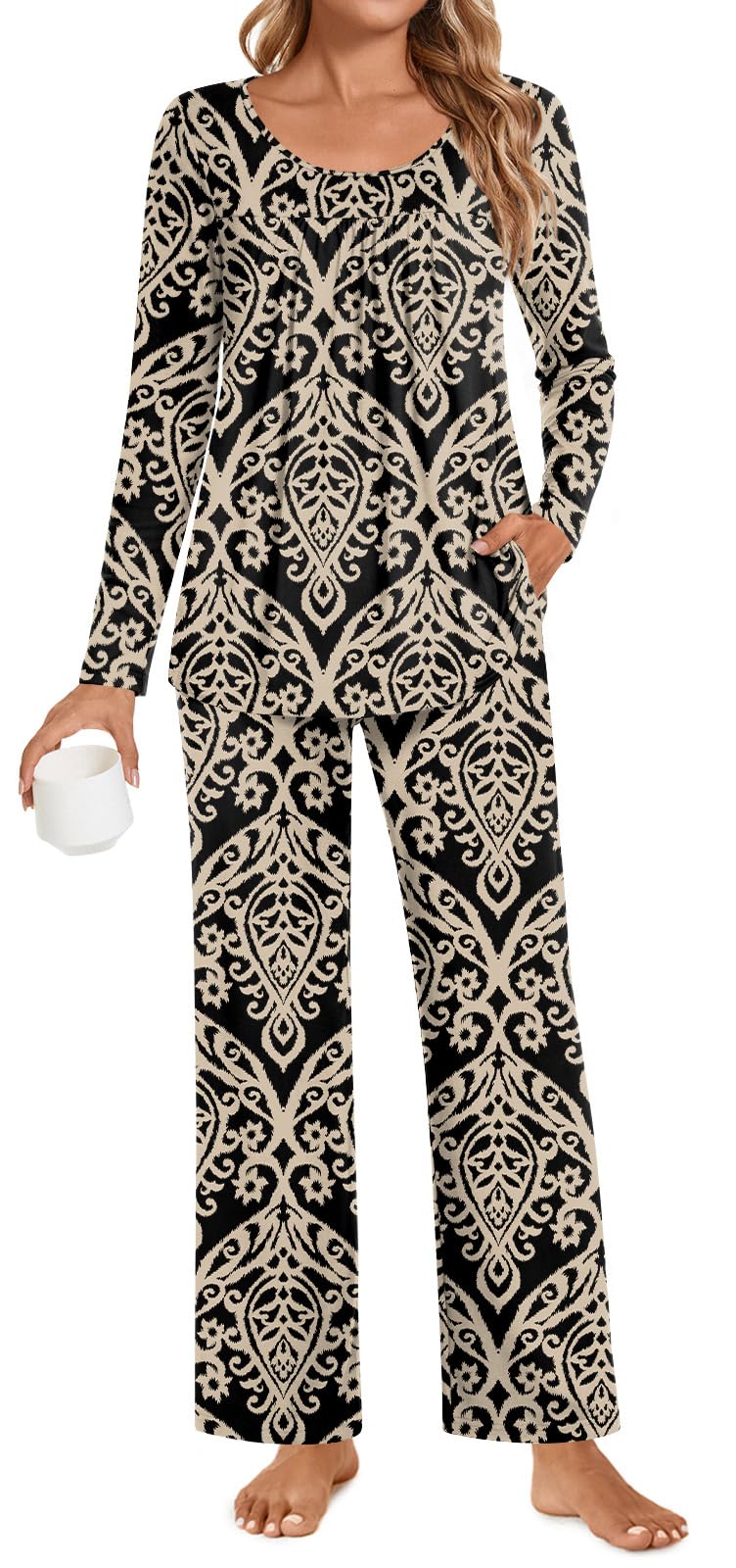 POPYOUNG Womens Pajama Set 2 Pieces Fall Pjs Comfy Sleepwear with Pockets