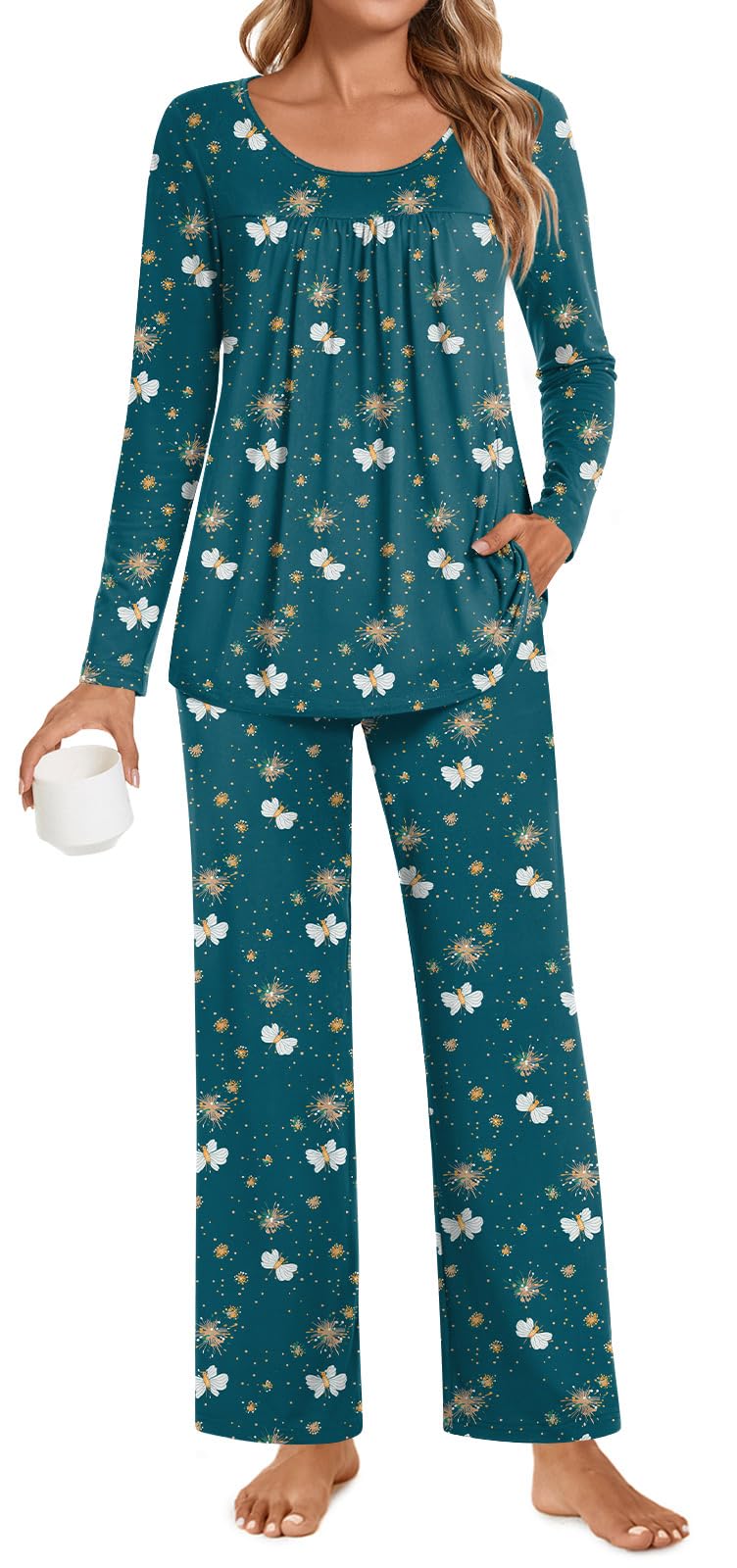 POPYOUNG Womens Pajama Set 2 Pieces Fall Pjs Comfy Sleepwear with Pockets