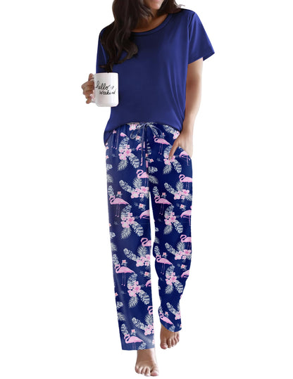 Ekouaer Womens Pajamas Sets Round Neck Pjs Loose Lounge Sets Sleepwear