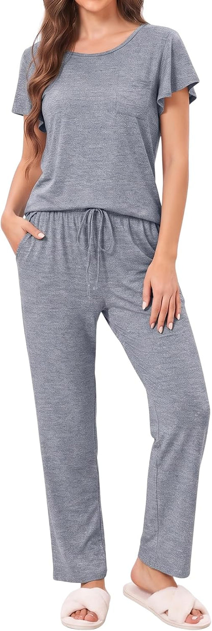 Ekouaer Pajamas for Women Set 2 Piece Comfy Loungewear, Lightweight Pjs Sleepwear, Short Sleeve Top & Long Pants with Pockets
